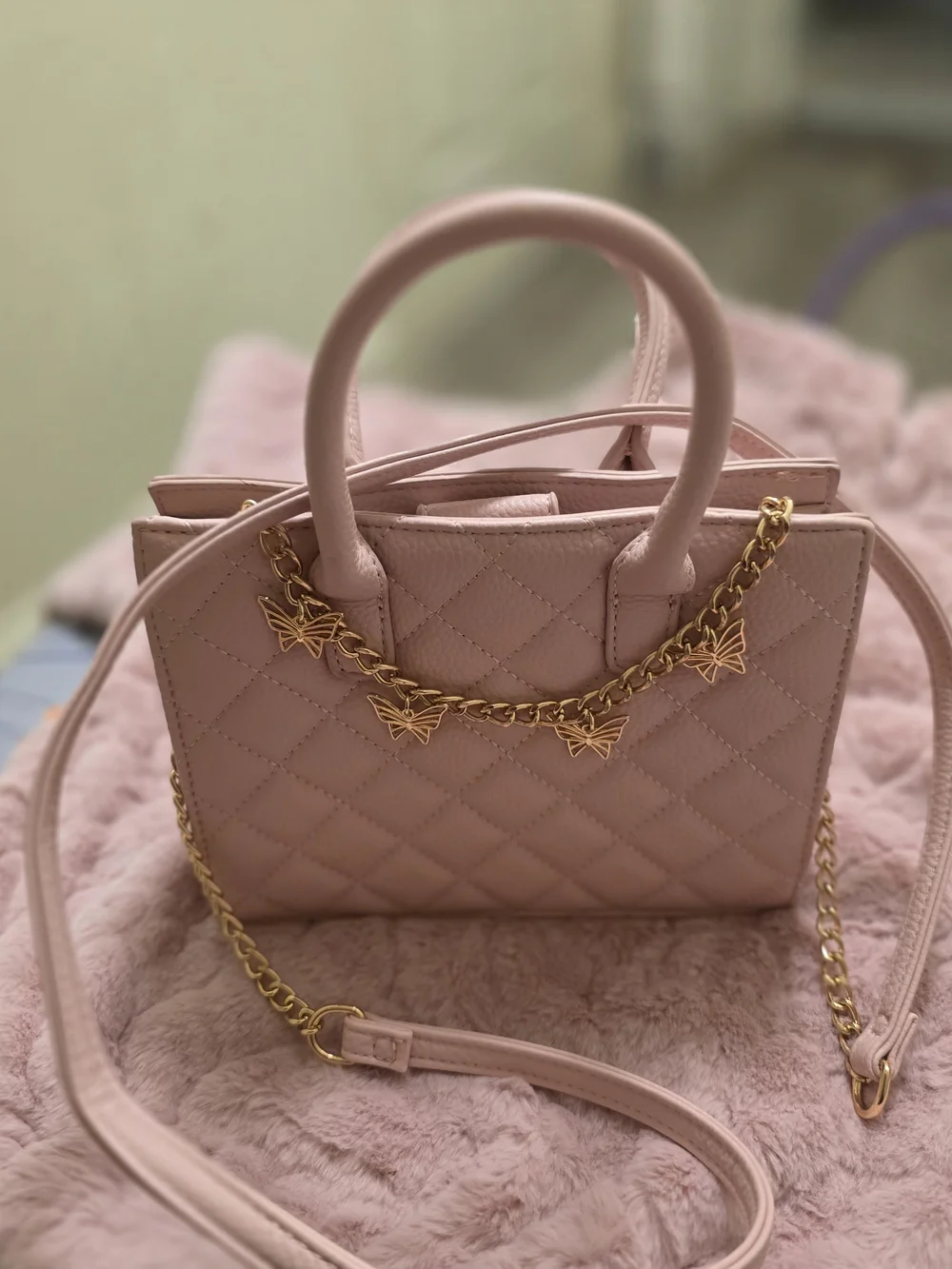 Quilted Pink Top-Handle Satchel with Gold Butterfly Chain